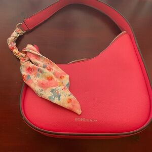 BCBGeneration Coral Pink Shoulder Bag with Floral Scarf Accent